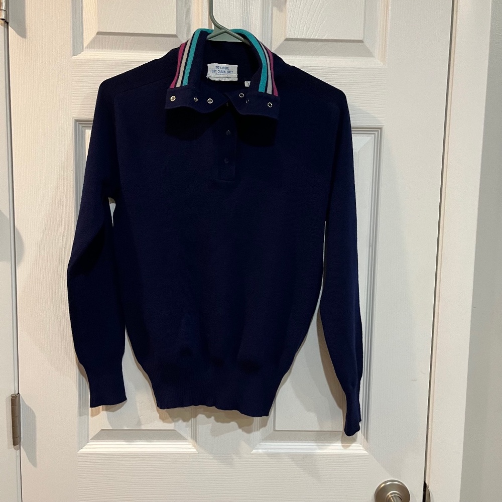Vintage ELR 100% Wool Large Long Sleeve Navy Blue Pink Sweater D02